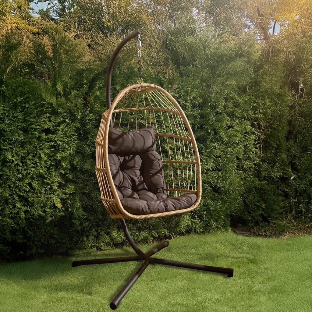 Hanging Egg Chair, Rattan Swing Chair Wicker Hammock with Stand Garden Swing Indoor Outdoor Patio Furniture Relaxing Comfy Foldable Egg Chair with Cushion Included, Natural Beige