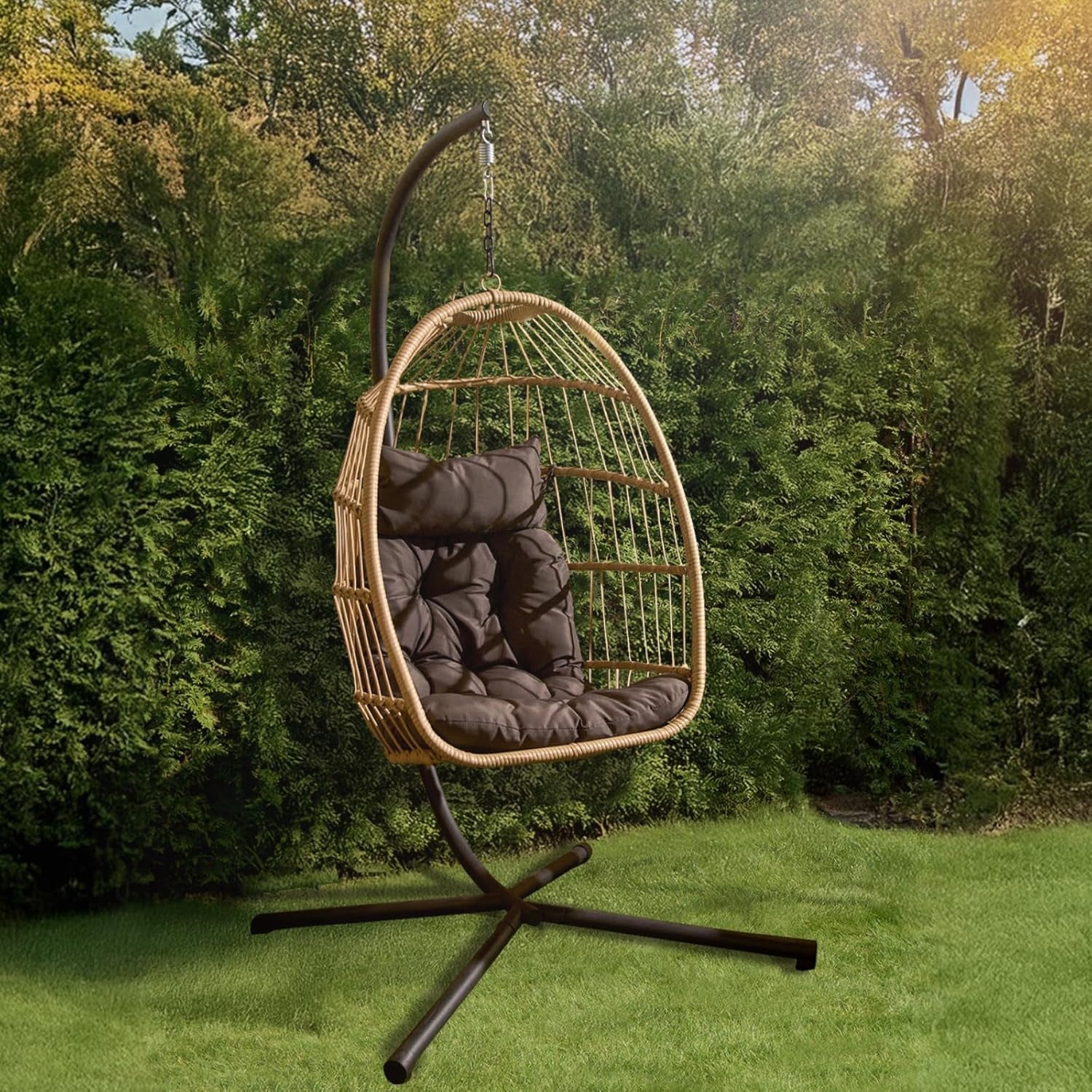 Hanging Egg Chair, Rattan Swing Chair Wicker Hammock with Stand Garden Swing Indoor Outdoor Patio Furniture Relaxing Comfy Foldable Egg Chair with Cushion Included, Natural Beige