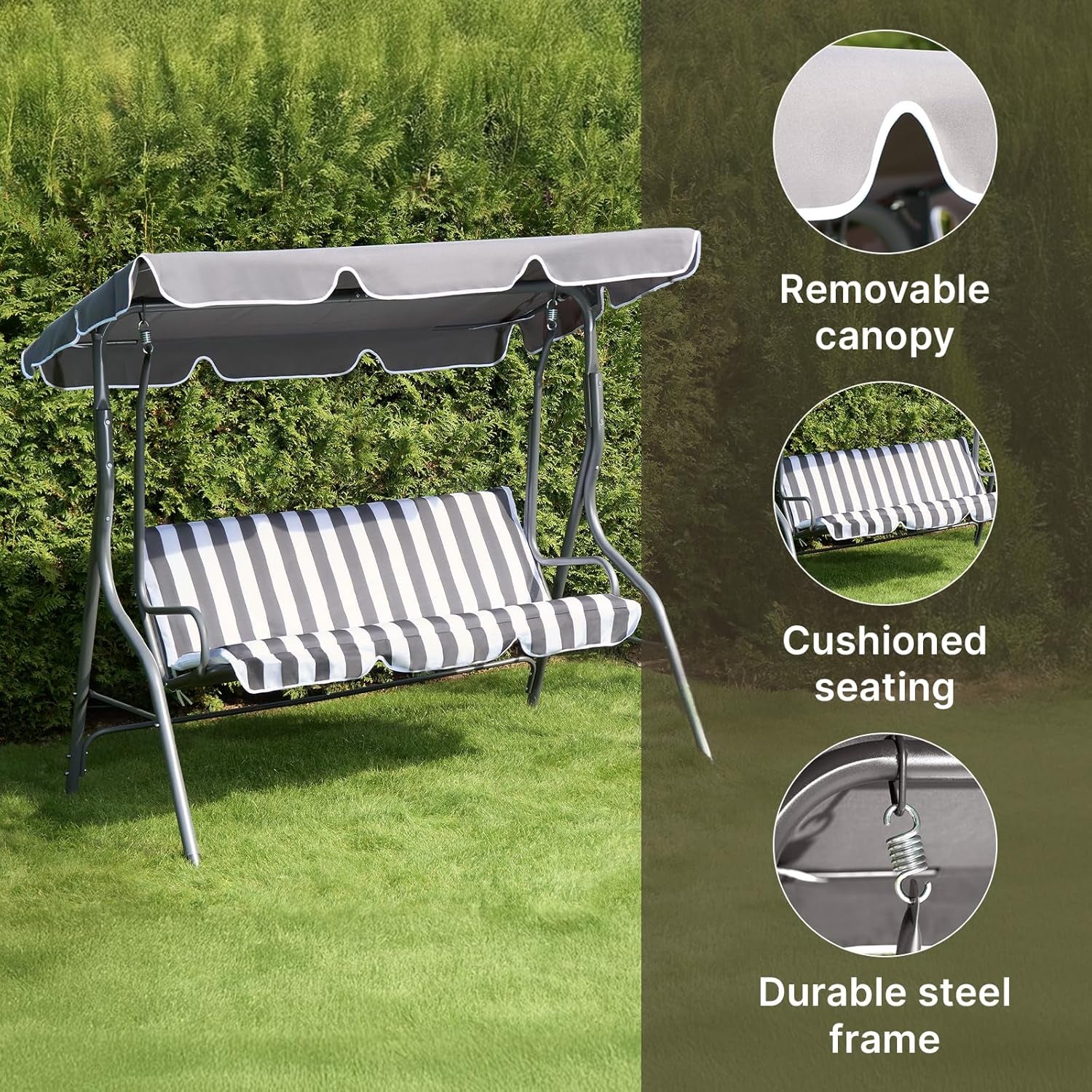 Garden Swing Bench, 3 Seater Swing Seat Outdoor with Adjustable Canopy & Cushioned Seats Relaxing Comfy Outdoor Patio Hammock Bench, Grey/White Stripe