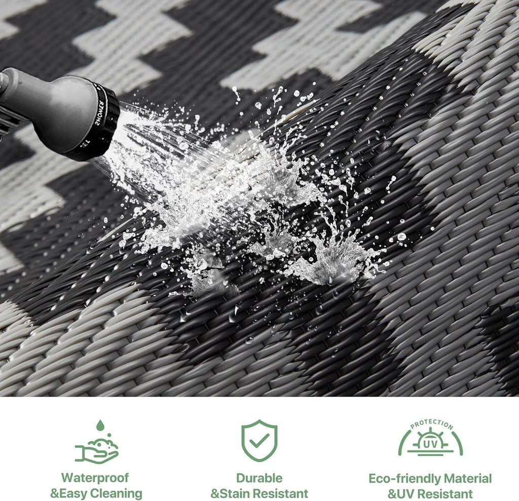 Outdoor Rug Garden Rugs Waterproof Reversible Recycled Outdoor Carpet Washable UV Resistant Modern Area Rugs for Patios, Picnic, Backyard, 180X275Cm, Black & Grey