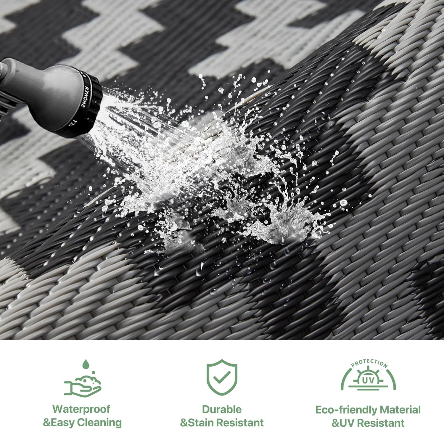 Outdoor Rug Garden Rugs Waterproof Reversible Recycled Outdoor Carpet Washable UV Resistant Modern Area Rugs for Patios, Picnic, Backyard, 180X275Cm, Black & Grey