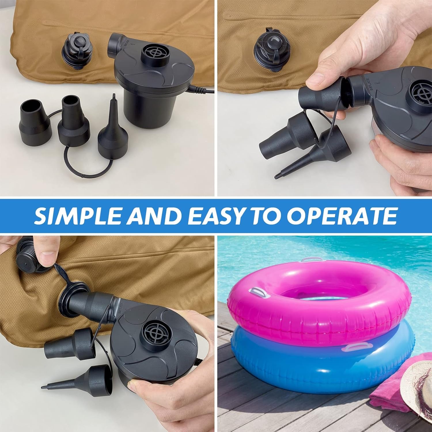 Electric Air Pump, 220V AC/50W 50/60Hz Portable Quick Fill AC Inflator Deflator with 3 Nozzles Pump for Bed Mattress Inflatables Paddling Pool Beach Toys