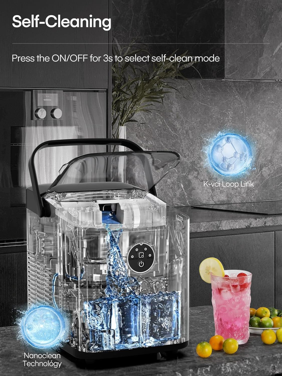 Ice Maker Machine Countertop, 14KG in 24H, Ice Ready in 5 Mins, 2 Bullet Sizes, Portable Ice Cube Maker with Handle, Self-Cleaning, Scoop&Basket, Home/Kitchen/Office/Rv