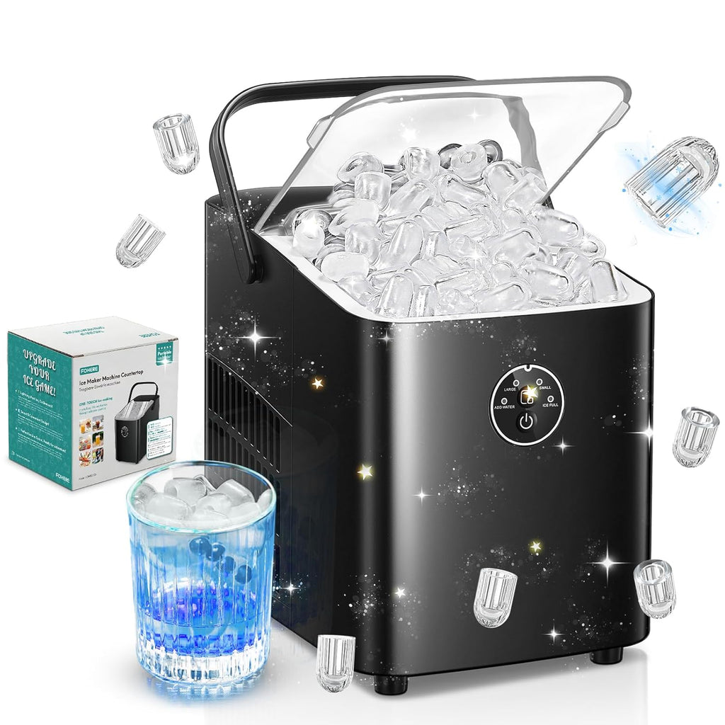 Ice Maker Machine Countertop, 14KG in 24H, Ice Ready in 5 Mins, 2 Bullet Sizes, Portable Ice Cube Maker with Handle, Self-Cleaning, Scoop&Basket, Home/Kitchen/Office/Rv