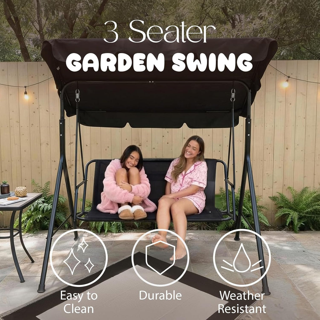 Garden Swing Bench, 3 Seater Swing Seat Outdoor with Adjustable Canopy & Cushioned Seats Relaxing Comfy Outdoor Patio Hammock Bench, Grey/White Stripe