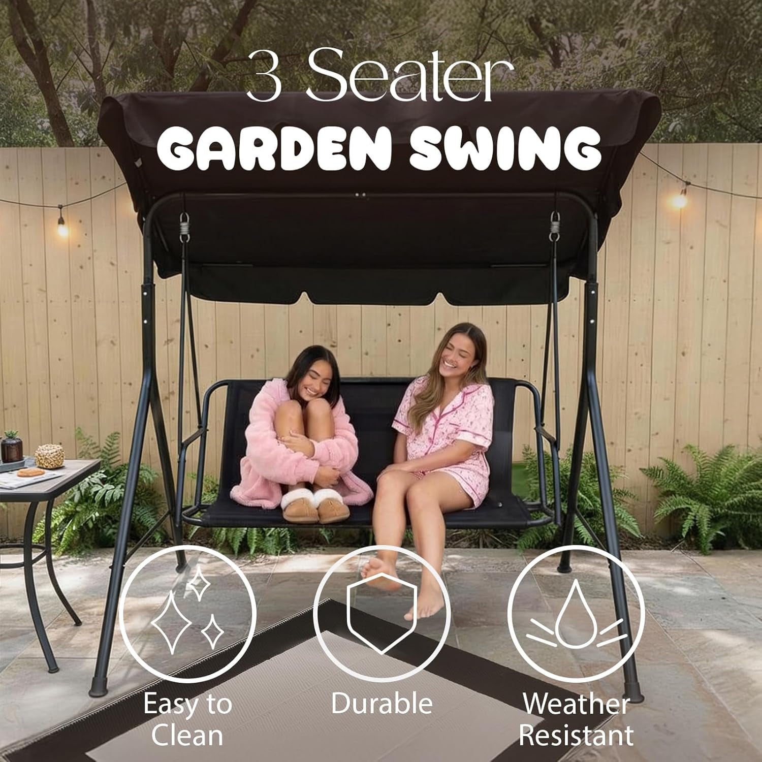 Garden Swing Bench, 3 Seater Swing Seat Outdoor with Adjustable Canopy & Cushioned Seats Relaxing Comfy Outdoor Patio Hammock Bench, Grey/White Stripe