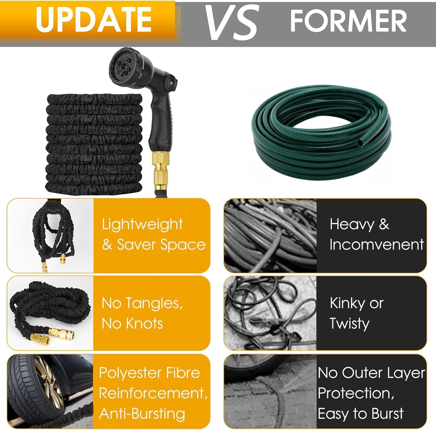 Expandable Garden Hose Pipe 100Ft - Water Hose with 10 Functions Gun and 3/4", 1/2" Brass Fittings, Kink-Free Flexible Garden Hose, 3 Layers of Latex in an Expanding Hose Design for Easy Use & Storage