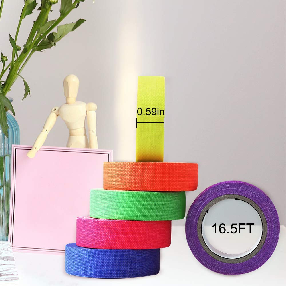 UV Blacklight Reactive Fluorescent, Fluorescent Gaffer Cloth Tape, 0.59In X 16.5FT per Roll, Decorative Black Light Neon Party Tape with Glow Party Supplies, 6 Colors