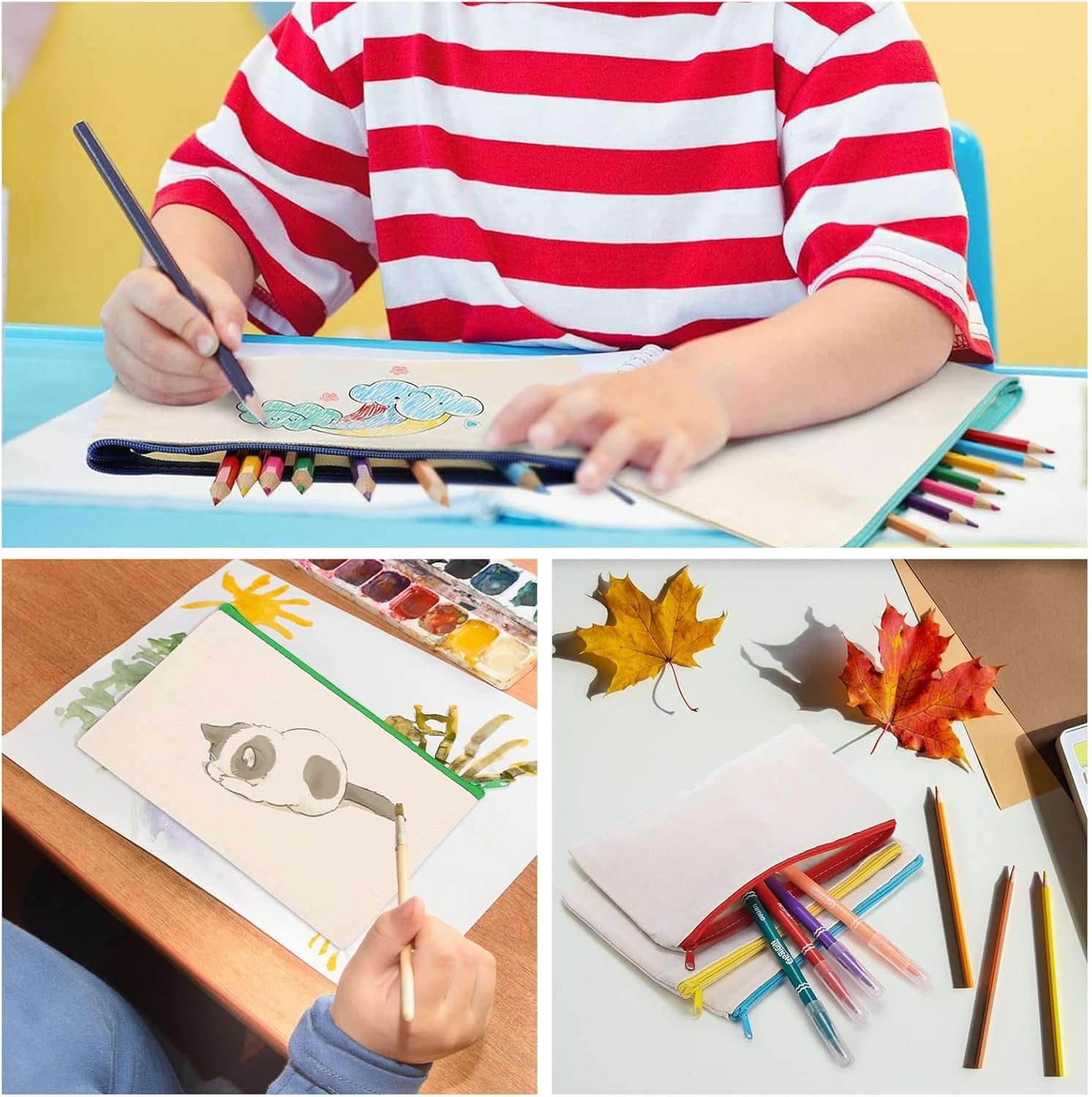 DIY Blank Fabric Bag,12 Pieces Pencil Case for Painting,Bag for Painting Children,Canvas Cosmetic Bag, Pencil Case for Work School Travelling, 21 X 12 Cm
