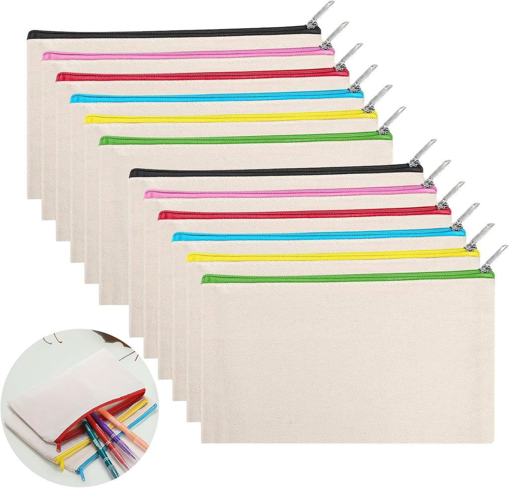 DIY Blank Fabric Bag,12 Pieces Pencil Case for Painting,Bag for Painting Children,Canvas Cosmetic Bag, Pencil Case for Work School Travelling, 21 X 12 Cm