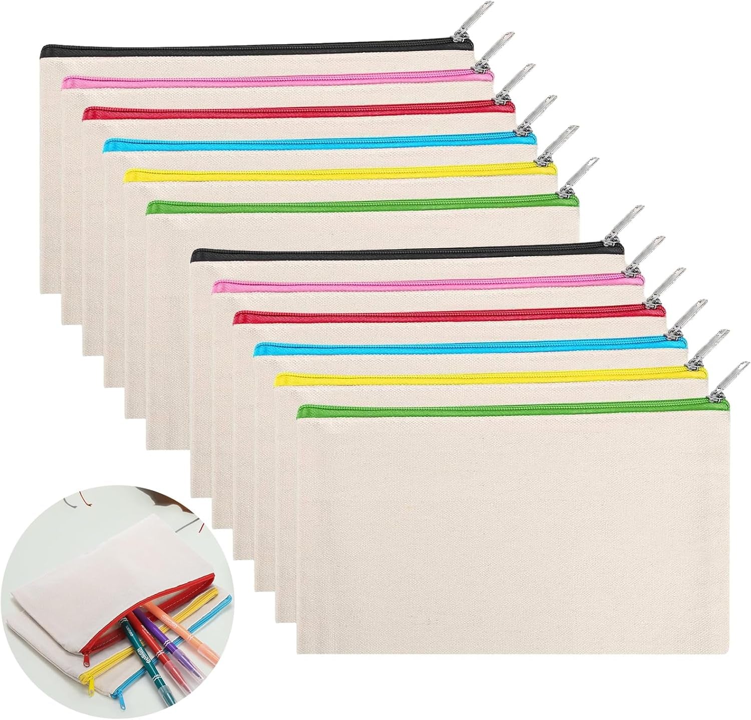 DIY Blank Fabric Bag,12 Pieces Pencil Case for Painting,Bag for Painting Children,Canvas Cosmetic Bag, Pencil Case for Work School Travelling, 21 X 12 Cm