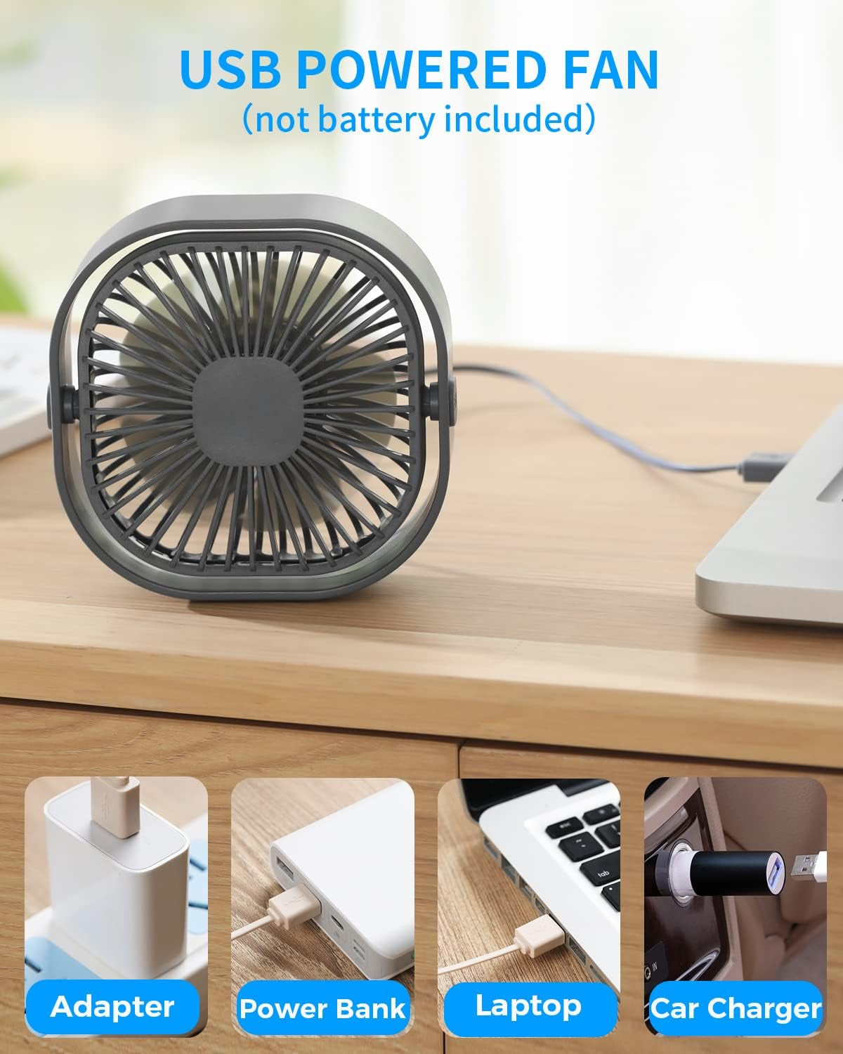 Desk Fan USB Small Fans for Desktop Table Bedside, Mini Desk Accessories for Home Office Bedroom Car Greenhouse Kitchen, Powerful Silent Bed Fan, 3 Speeds Wind Strong Airflow to Dog Crate Greenhouse