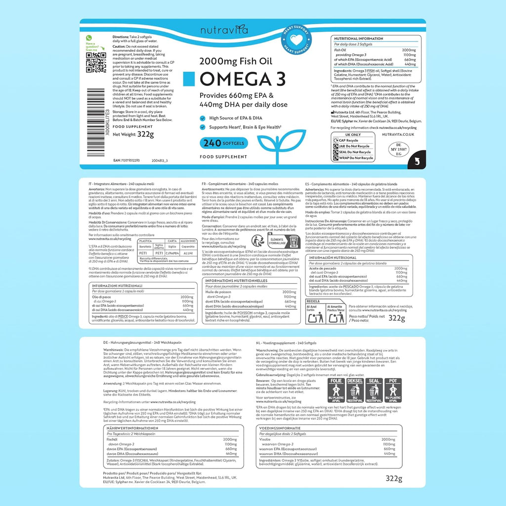 Omega 3 Capsules High Strength 2000Mg with 660Mg EPA & 440Mg DHA - 240 Softgel Omega 3 Fish Oil Capsules for 4 Months of Supply - Heart, Brain & Vision - Fish Oil Supplements