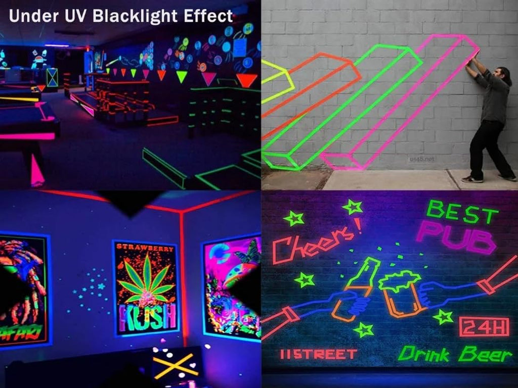 Neon Gaffer Cloth Tape, Fluorescent Colors Pro Gaff Tape Duct Tape UV Blacklight Glow in the Dark Tape for UV Party, 5 Pack (0.6 Inch X 16.5 Feet)