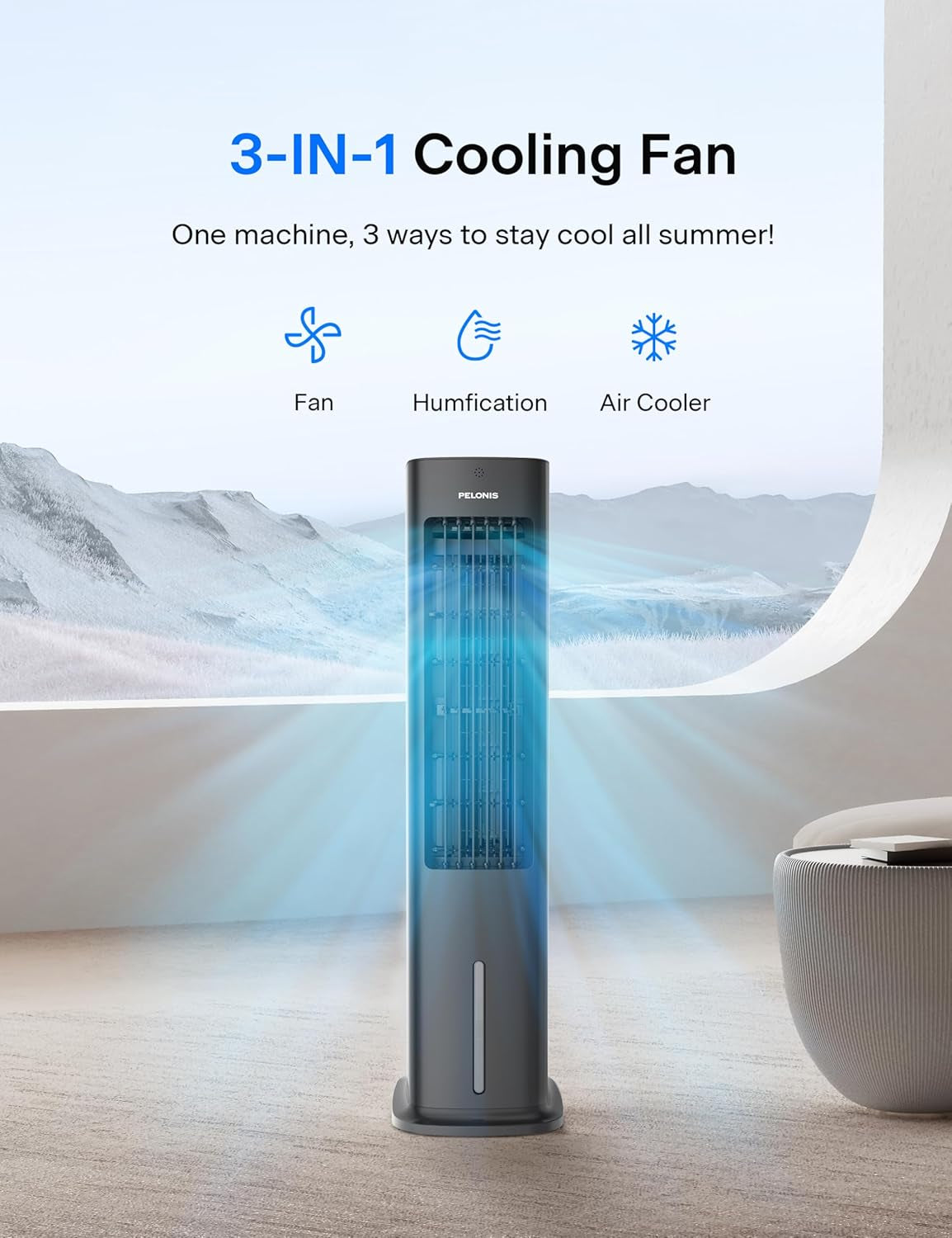 5L Evaporative Air Cooler with Remote, 3-In-1 Portable Cooling Tower: Fan, Humidifier & Auto-Swing, 3-Speed Cooling, 7H Timer, 2 Ice Packs for Home & Office Use