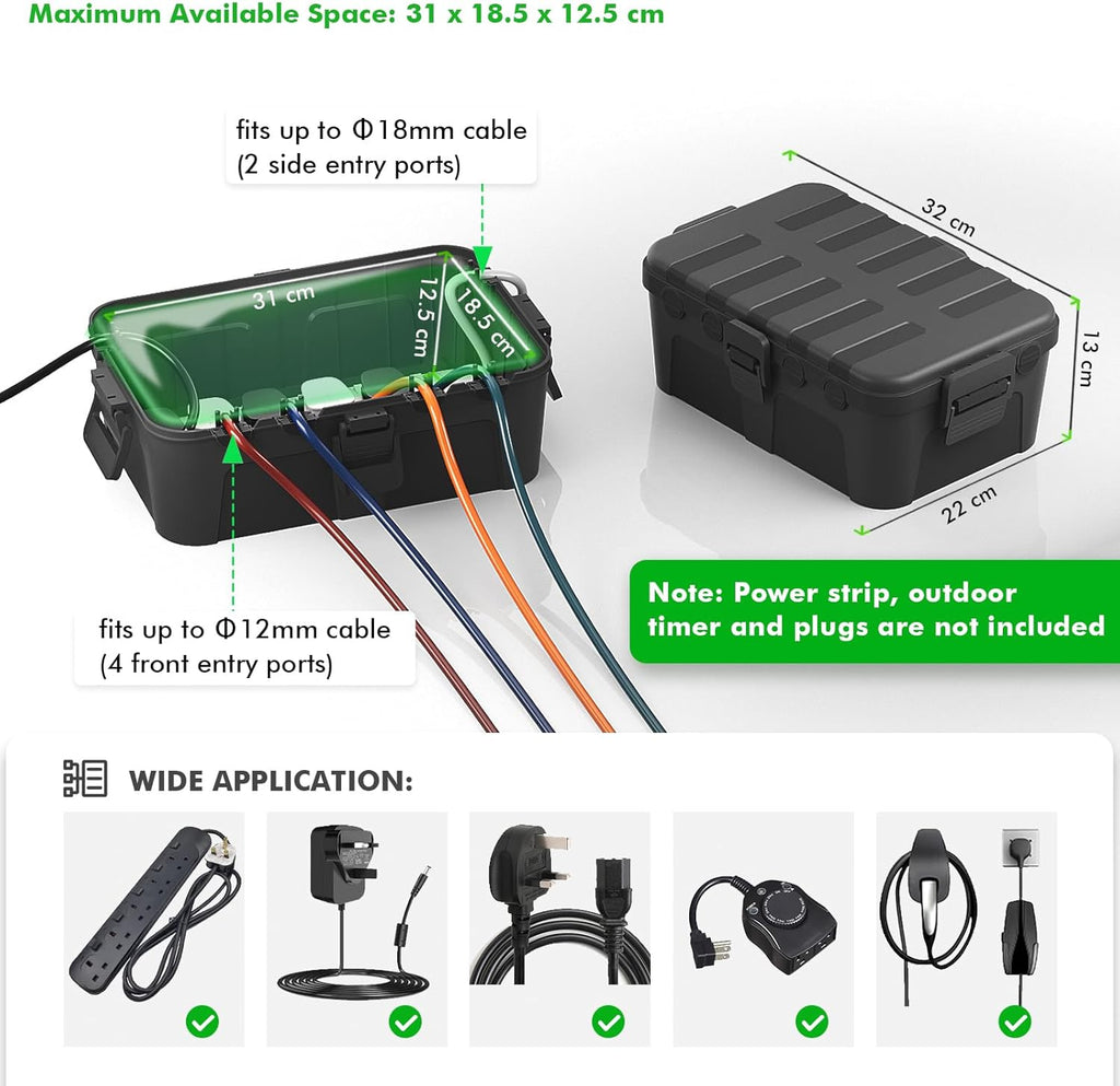 Extra Large Waterproof Electrical Box (12.6×8.7×5.1 In), IP54 Weatherproof Outdoor Outlet Cover, Protect Outlet, Plug, Timer, Power Strip (Not Included), Holiday Light Decoration, Black