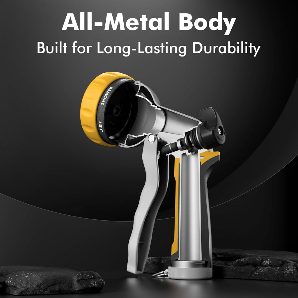 Hose Pipe Spray Gun, Heavy Duty Garden Hose Spray Gun, High Pressure Hose Nozzle, Metal Hand Sprayer with 7 Patterns and Water Flow Control, Ideal to Water Plant & Lawn, Wash Car & Pet, Yellow