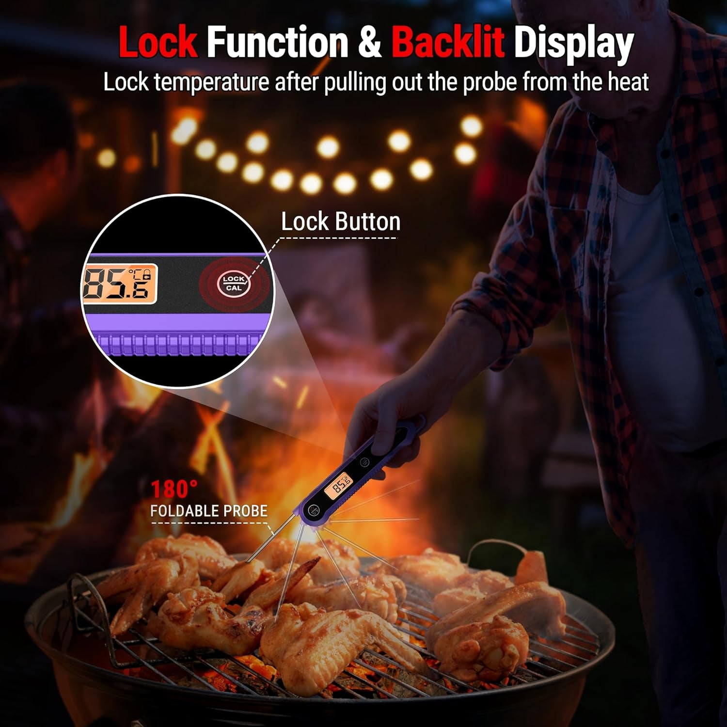 Food Thermometer, IPX6 Waterproof Cooking Thermometer Foldable Probe with Backlight/Calibration/Lock Fuction, Kitchen Digital Instant Read Use for Chicken, Beef, Fish, Pork, Ham, Purple