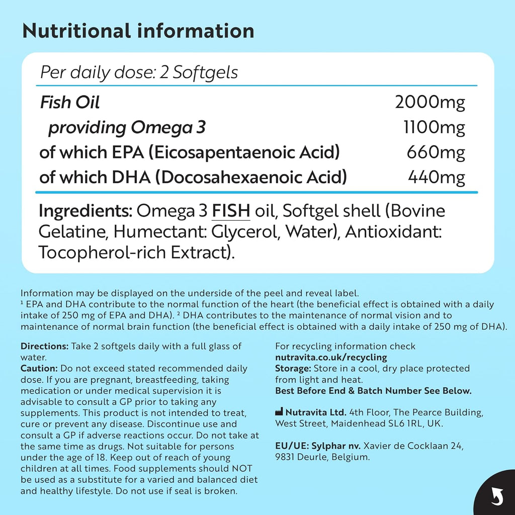 Omega 3 Capsules High Strength 2000Mg with 660Mg EPA & 440Mg DHA - 240 Softgel Omega 3 Fish Oil Capsules for 4 Months of Supply - Heart, Brain & Vision - Fish Oil Supplements