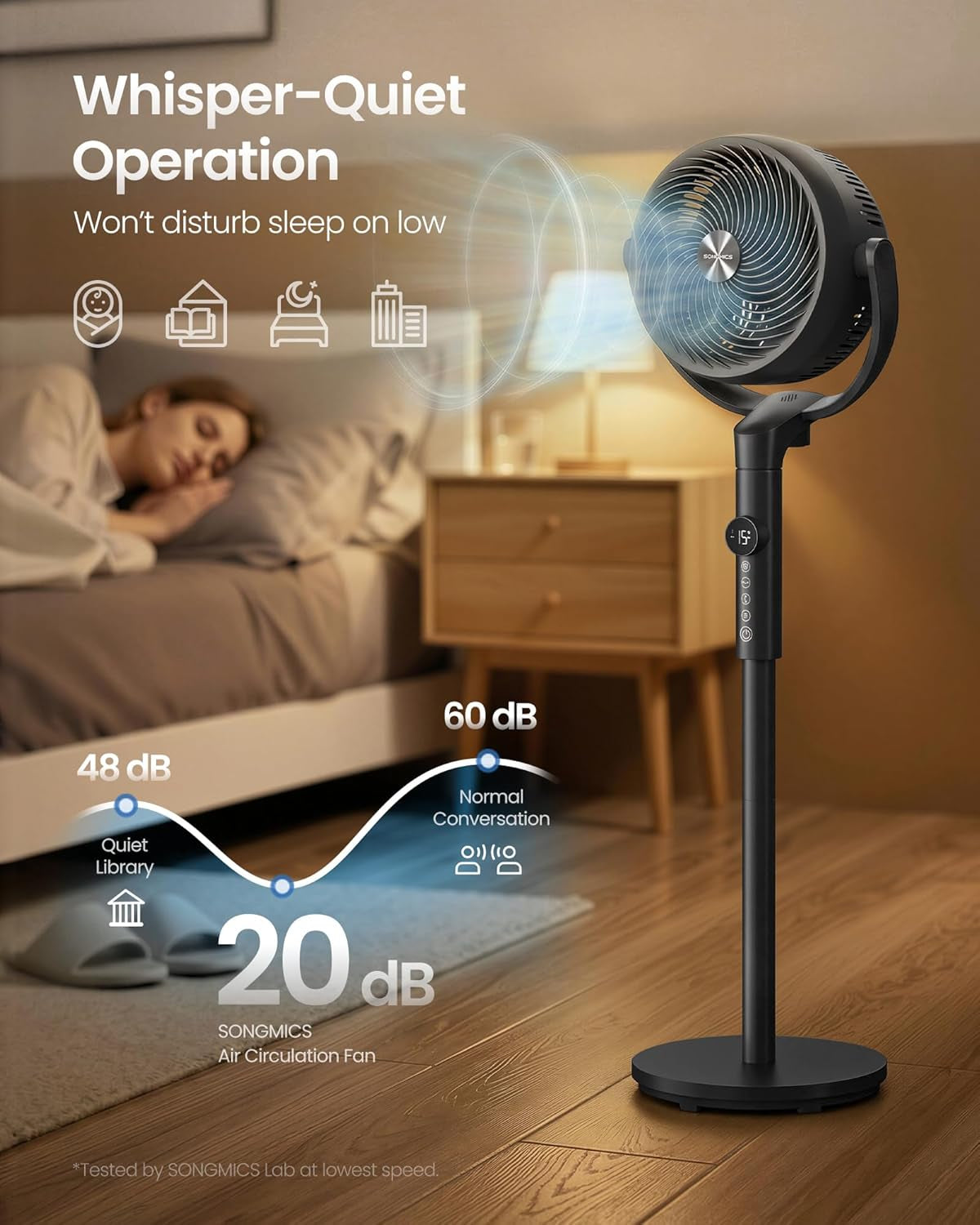 Standing Fan for Bedroom, 20 Db Quiet Pedestal Fan with Remote, Cooling Air Circulator, 120°+135° Oscillating, 15 Speeds, 15 H Timer, 3 Modes, Adjustable Height, Ink Black XFC002B1UK