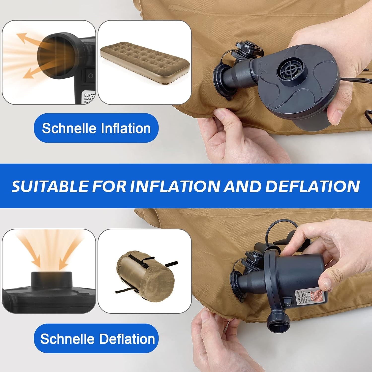 Electric Air Pump, 220V AC/50W 50/60Hz Portable Quick Fill AC Inflator Deflator with 3 Nozzles Pump for Bed Mattress Inflatables Paddling Pool Beach Toys