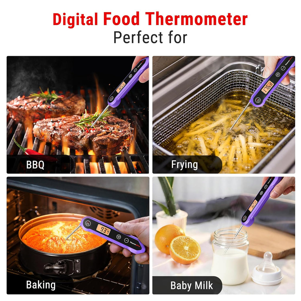 Food Thermometer, IPX6 Waterproof Cooking Thermometer Foldable Probe with Backlight/Calibration/Lock Fuction, Kitchen Digital Instant Read Use for Chicken, Beef, Fish, Pork, Ham, Purple