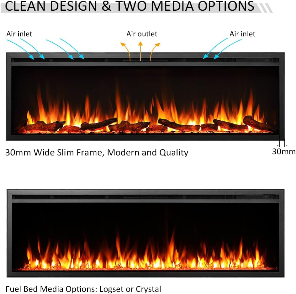 60"/152Cm Castello Slim Frame Recessed Media Wall Inset Electric Fireplace with Multi Flame Colours 750W/1500W