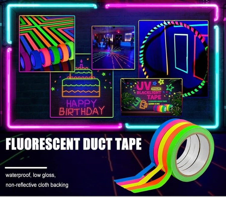 Neon Gaffer Cloth Tape, Fluorescent Colors Pro Gaff Tape Duct Tape UV Blacklight Glow in the Dark Tape for UV Party, 5 Pack (0.6 Inch X 16.5 Feet)