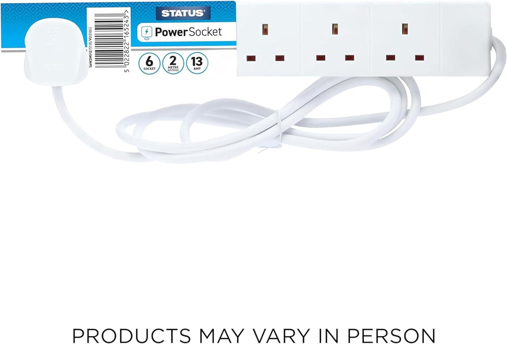 6 Socket Extension Lead, 2M Multi-Plug Power Strip for Home, Office or Gaming Set-Ups, White (S6W2MS12)