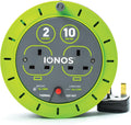 IONOS 2 Socket Cable Reel, 10M, Green Extension Lead, 13A with Thermal Cut Out, Heavy Duty Outdoor Extension Lead (ION13A10MCR6)