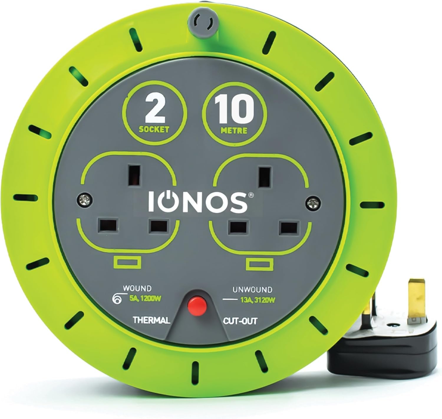 IONOS 2 Socket Cable Reel, 10M, Green Extension Lead, 13A with Thermal Cut Out, Heavy Duty Outdoor Extension Lead (ION13A10MCR6)