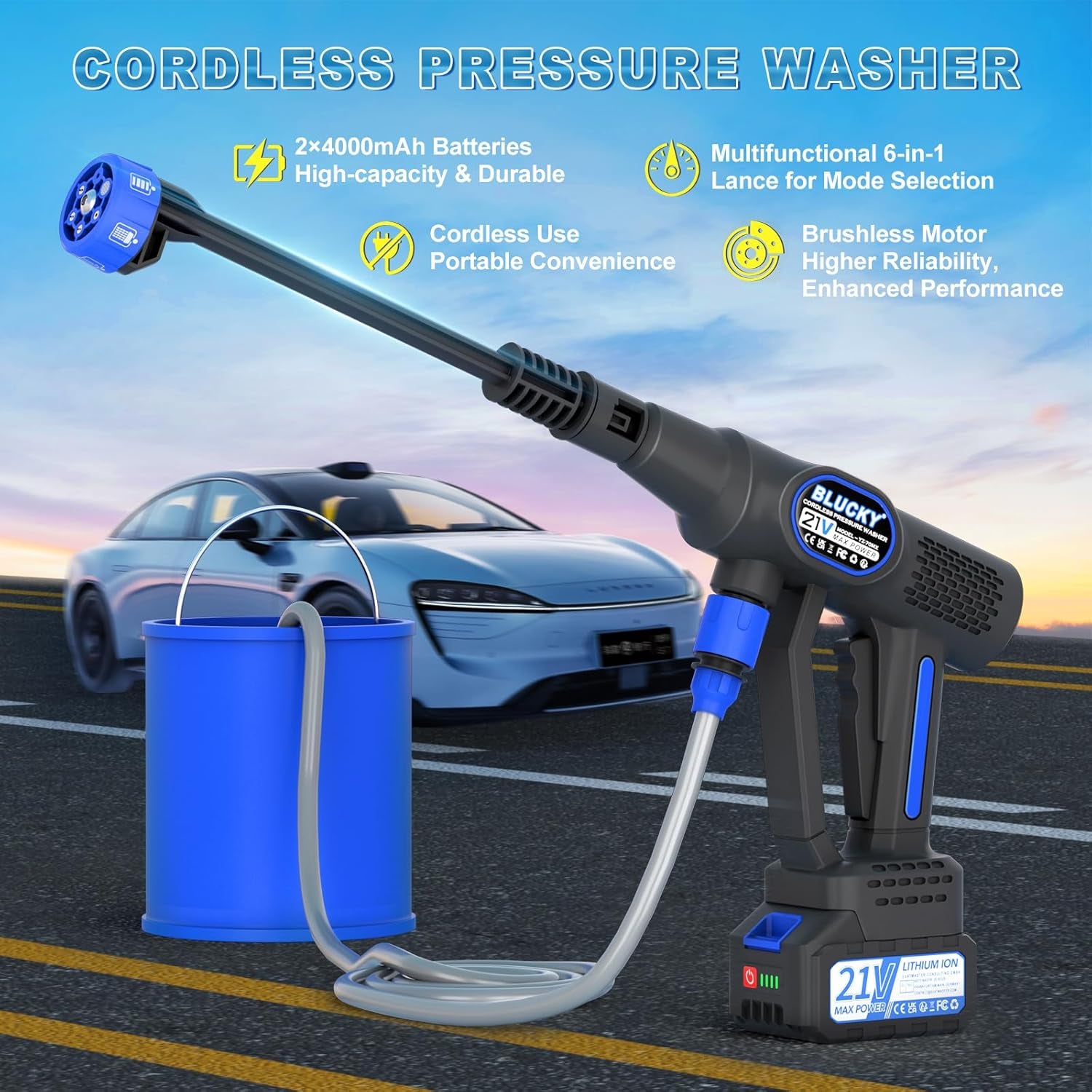 Cordless Pressure Washer, 6 in 1 Portable Power Washer with Trigger-Controlled Variable Pressure, Cordless Power Washer with 2 Battery, Battery Pressure Washer with 5M for Car/Floor/Garden Cleaning