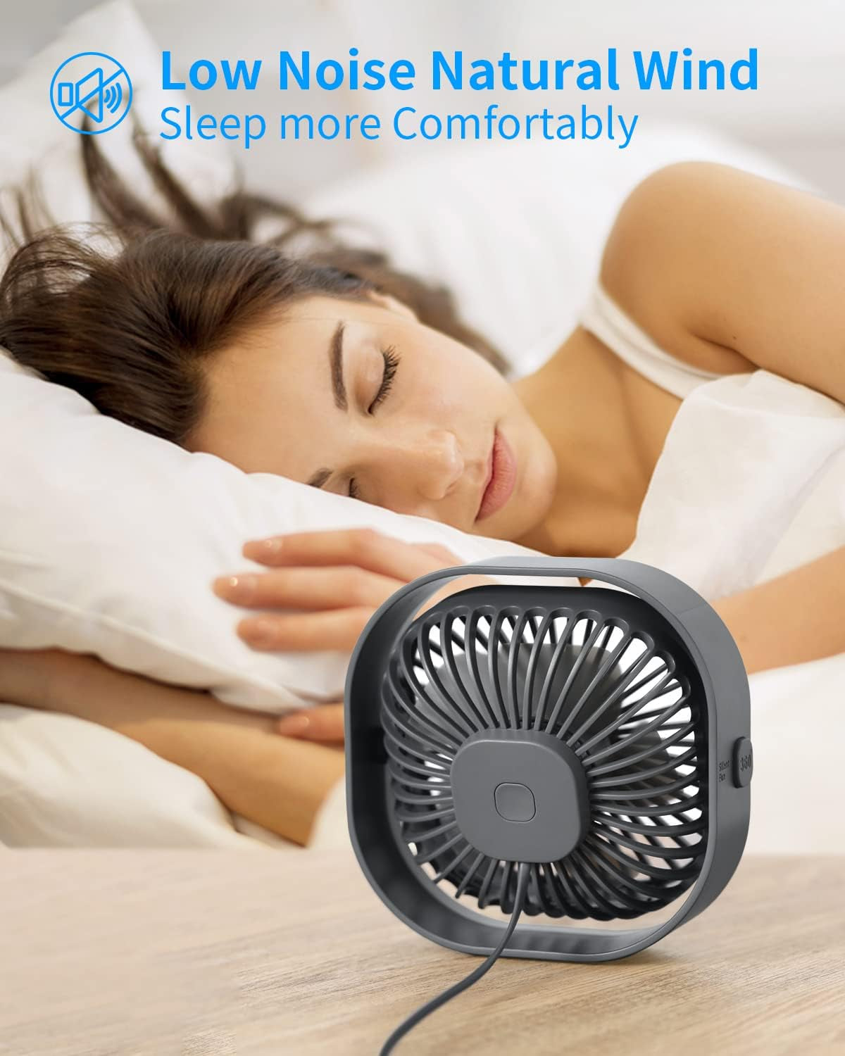 Desk Fan USB Small Fans for Desktop Table Bedside, Mini Desk Accessories for Home Office Bedroom Car Greenhouse Kitchen, Powerful Silent Bed Fan, 3 Speeds Wind Strong Airflow to Dog Crate Greenhouse