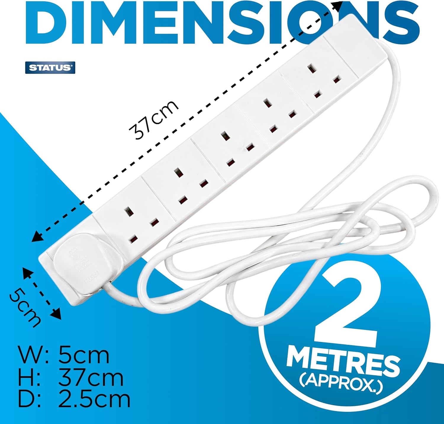 6 Socket Extension Lead, 2M Multi-Plug Power Strip for Home, Office or Gaming Set-Ups, White (S6W2MS12)