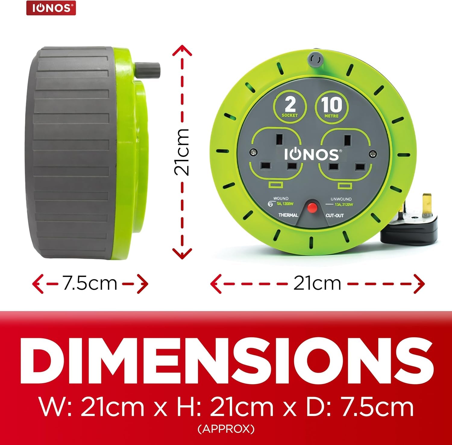 IONOS 2 Socket Cable Reel, 10M, Green Extension Lead, 13A with Thermal Cut Out, Heavy Duty Outdoor Extension Lead (ION13A10MCR6)