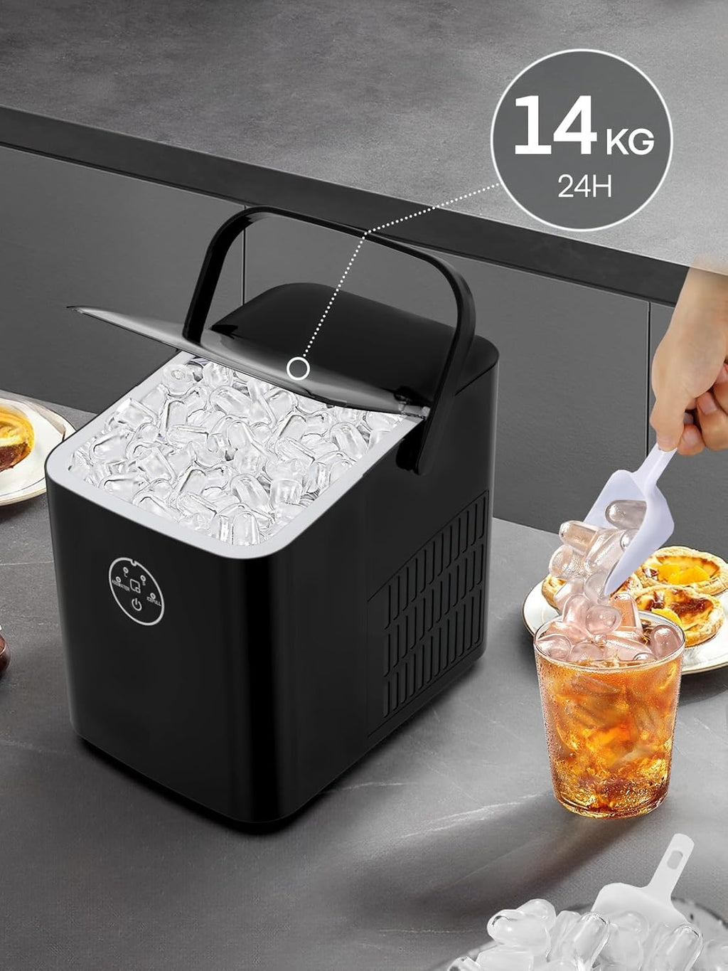 Ice Maker Machine Countertop, 14KG in 24H, Ice Ready in 5 Mins, 2 Bullet Sizes, Portable Ice Cube Maker with Handle, Self-Cleaning, Scoop&Basket, Home/Kitchen/Office/Rv