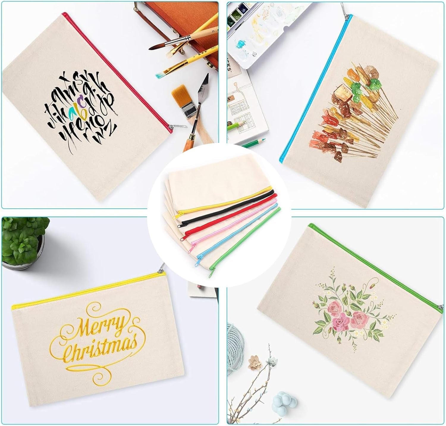 DIY Blank Fabric Bag,12 Pieces Pencil Case for Painting,Bag for Painting Children,Canvas Cosmetic Bag, Pencil Case for Work School Travelling, 21 X 12 Cm