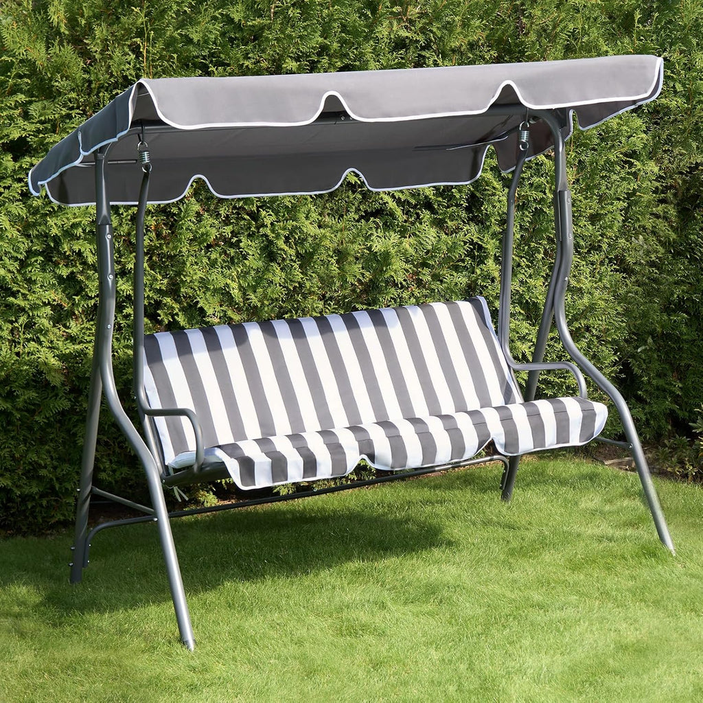 Garden Swing Bench, 3 Seater Swing Seat Outdoor with Adjustable Canopy & Cushioned Seats Relaxing Comfy Outdoor Patio Hammock Bench, Grey/White Stripe