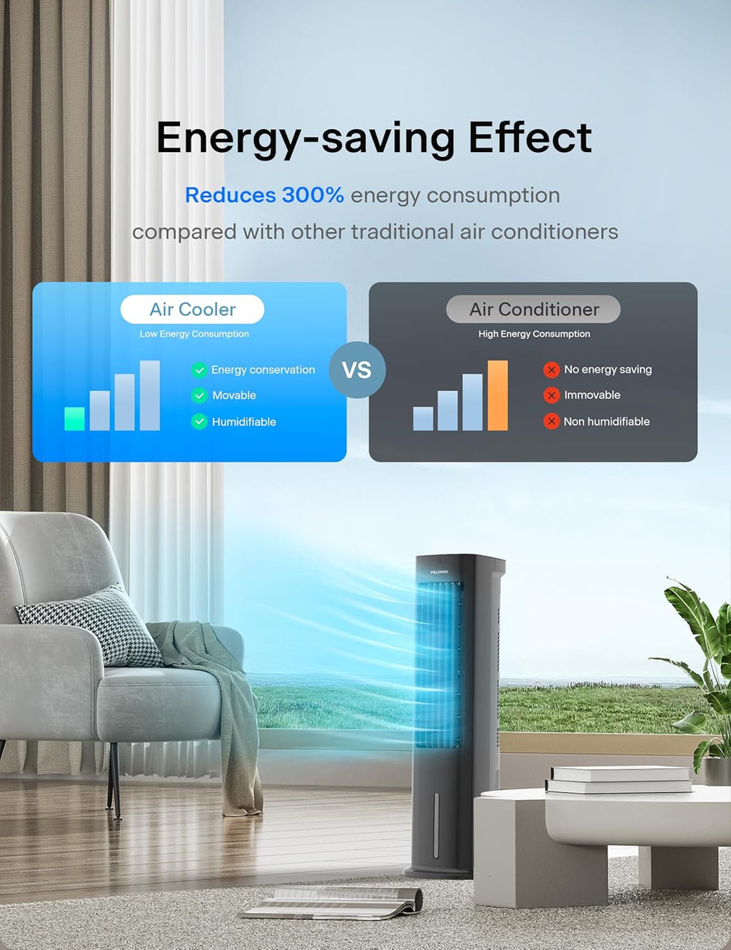 5L Evaporative Air Cooler with Remote, 3-In-1 Portable Cooling Tower: Fan, Humidifier & Auto-Swing, 3-Speed Cooling, 7H Timer, 2 Ice Packs for Home & Office Use