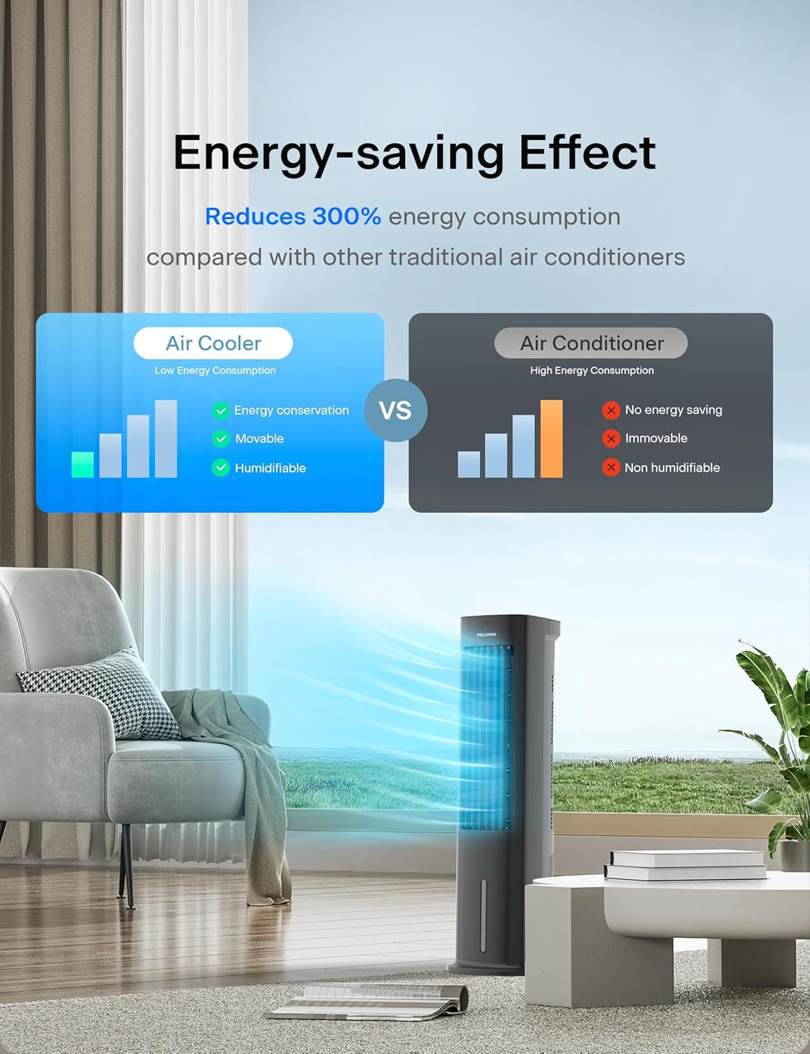 5L Evaporative Air Cooler with Remote, 3-In-1 Portable Cooling Tower: Fan, Humidifier & Auto-Swing, 3-Speed Cooling, 7H Timer, 2 Ice Packs for Home & Office Use