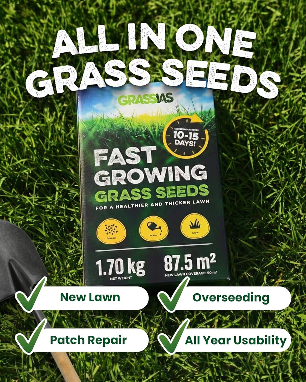 Fast Growing Grass Seed – 1.70KG Premium Quality Lawn Seed for Overseeding & New Lawns – Hard Wearing & Pet Friendly - Perfect for UK Lawns - Winter & Defra Approved