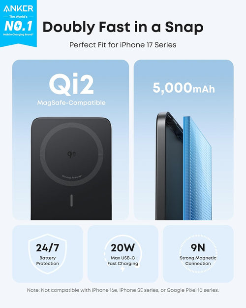 Nano Power Bank, Ultra-Slim 5,000Mah Magnetic Battery Pack, Qi2 Certified 15W Max Ultra-Fast Magsafe-Compatible Portable Charger, Ergonomic Design, for Iphone Air/17/16/15 Series (Not for Pixel)