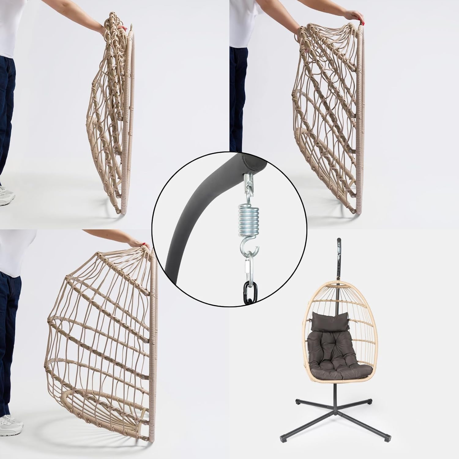 Hanging Egg Chair, Rattan Swing Chair Wicker Hammock with Stand Garden Swing Indoor Outdoor Patio Furniture Relaxing Comfy Foldable Egg Chair with Cushion Included, Natural Beige