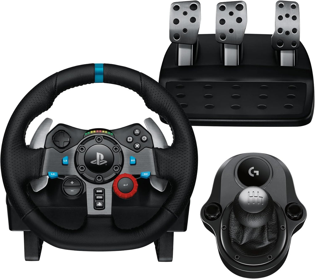 G G29 SE Driving Force Racing Wheel and Pedals, Force Feedback, Real Leather Driving Force Shifter - Sim Steering Wheel, Pedals, Gear Stick for PS5, PS4 and PC, Mac - Black