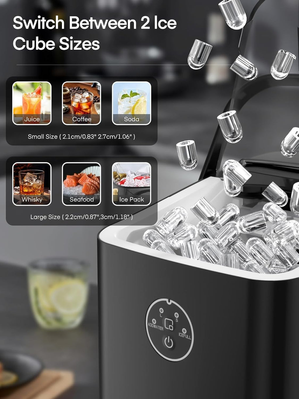 Ice Maker Machine Countertop, 14KG in 24H, Ice Ready in 5 Mins, 2 Bullet Sizes, Portable Ice Cube Maker with Handle, Self-Cleaning, Scoop&Basket, Home/Kitchen/Office/Rv