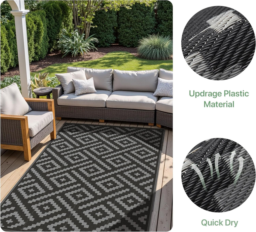Outdoor Rug Garden Rugs Waterproof Reversible Recycled Outdoor Carpet Washable UV Resistant Modern Area Rugs for Patios, Picnic, Backyard, 180X275Cm, Black & Grey