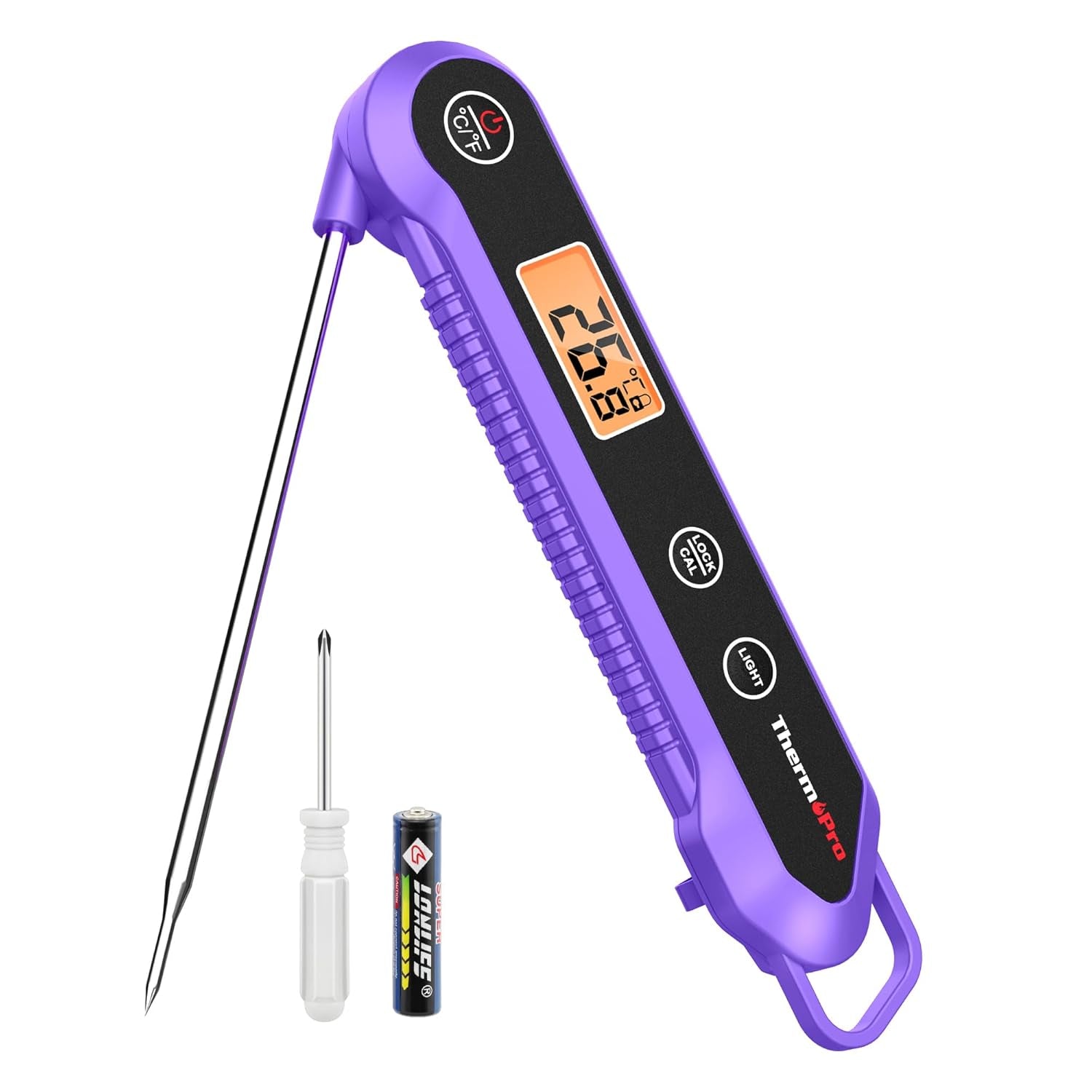 Food Thermometer, IPX6 Waterproof Cooking Thermometer Foldable Probe with Backlight/Calibration/Lock Fuction, Kitchen Digital Instant Read Use for Chicken, Beef, Fish, Pork, Ham, Purple