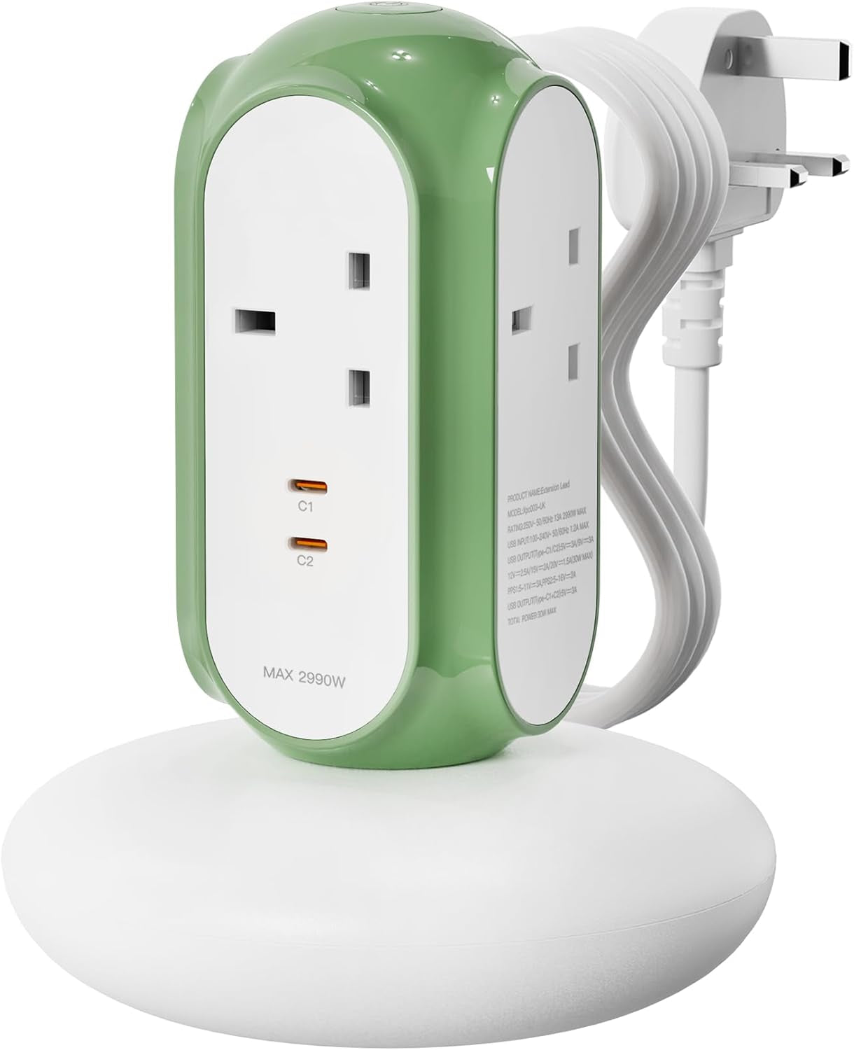 Tower Extension Lead with USB Slots (2 USB-C 30W PD/PPS), 3 Gang 2990W 13A Plug Extension Socket, 1420J Surge Protected, Switched, 2M Extension Cable, Flame Retardant V0 Housing