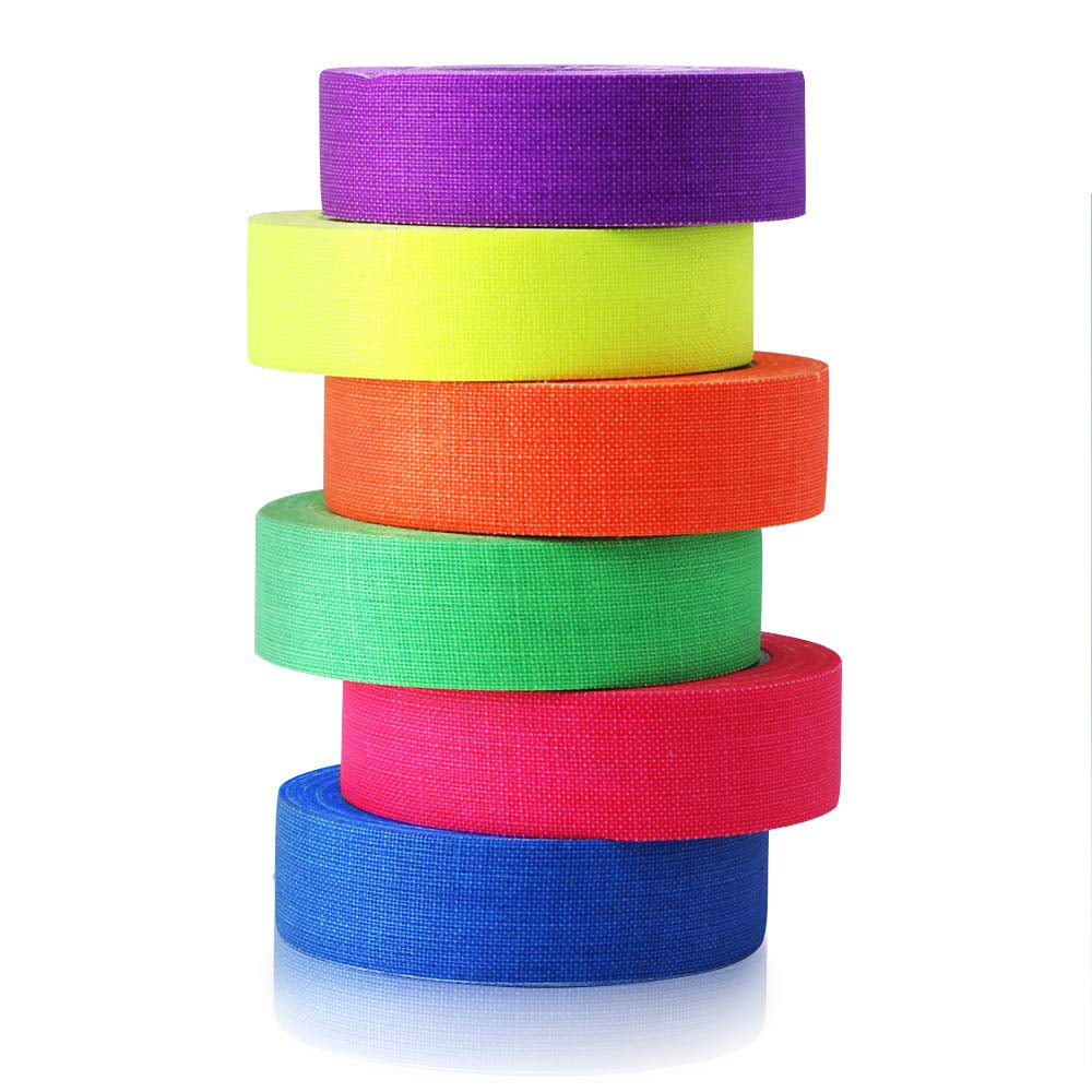UV Blacklight Reactive Fluorescent, Fluorescent Gaffer Cloth Tape, 0.59In X 16.5FT per Roll, Decorative Black Light Neon Party Tape with Glow Party Supplies, 6 Colors
