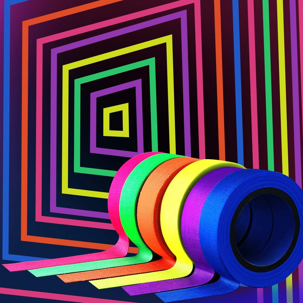 UV Blacklight Reactive Fluorescent, Fluorescent Gaffer Cloth Tape, 0.59In X 16.5FT per Roll, Decorative Black Light Neon Party Tape with Glow Party Supplies, 6 Colors
